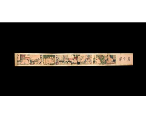 Early 20th century AD. A silk scroll on a paper backing with bar to each end; painted with nine panels depicting ladies conve