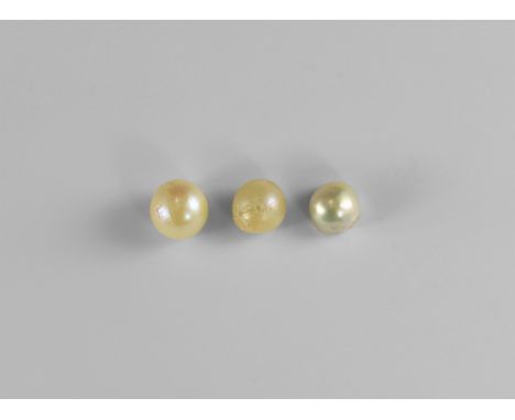 A group of three natural pearls, two of slightly irregular shape, one almost spheroid, all with lustrous sheen, un-drilled bu