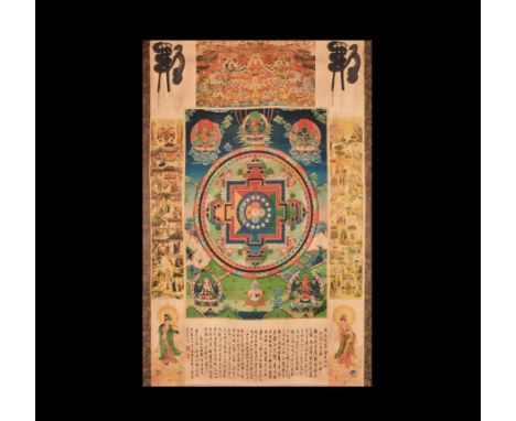 20th century AD. A paper scroll with wooden bar to each end, painted with the Mandala of Manjushri to the centre, to the top 