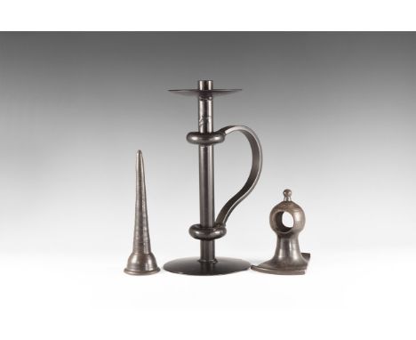 20th century AD. A mixed group comprising: a ceramic sconce with wall-mounted bracket and separate conical vessel; a substant