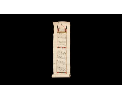 20th century AD. A paper scroll with architectural header, panel of manuscript text with gold punctuation, transverse panels 