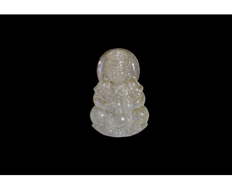 20th century AD. A carved jade pendant of Buddha facing, nimbate, with vessel on the lap.   23 grams, 55mm (2 1/4"). UK art m