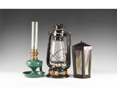 20th century AD. A mixed group comprising: a hexagonal-section iron lantern with suspension ring, translucent horn panels; a 