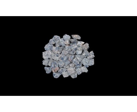 A group of fifty large pale blue calcite pieces, some with yellow or red colour.   3.32 kg total, 33-65mm (1 1/4 - 2 1/2"). F