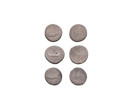 32031 BC. Legions VII, VIII and XII. Obvs:ANT AVG III R P C legend with galley right. Revs: eagle between standards with legi