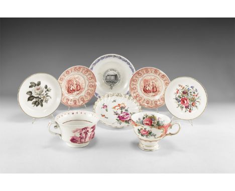 19th-20th century AD. A group of ceramic items consisting of two cups, one with transfer print pattern of a woman and young g