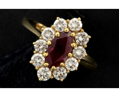 "marquisse" ring in yellow gold (18 carat) with a ca 1 carat ruby surrounded by ca 1 carat of high quality brilliant cut diam