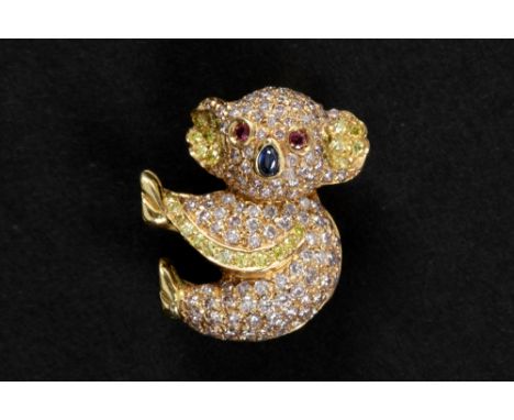 nineties' cute "Koala" brooch in pink, yellow and white gold (18 carat) with ruby (eyes), sapphire (nose) and ca 2 carat of p