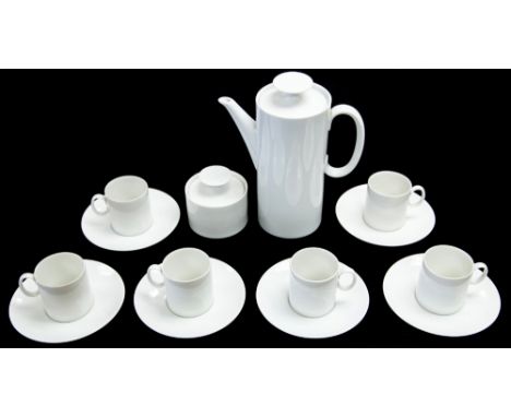 A 1960s German porcelain coffee set by Thomas, plain white, cylindrical form, including cups, saucers, coffee pot and sugar b