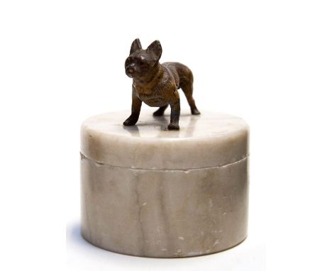 An Art Deco marble and cold painted metal trinket box, the top with a figure of a bulldog, indistinct cast marks to the under