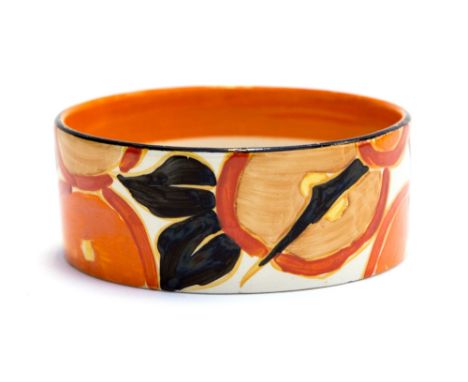 Clarice Cliff, an Orange Chintz cylindrical dish, circa 1932, the internal rim decorated with orange banding, Fantasque, Biza