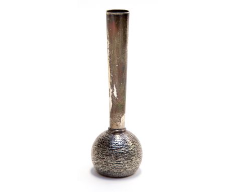 A modernist silver bud vase, globe and shaft form, the textured , weighted base supporting a flared tube of plain form, Deaki