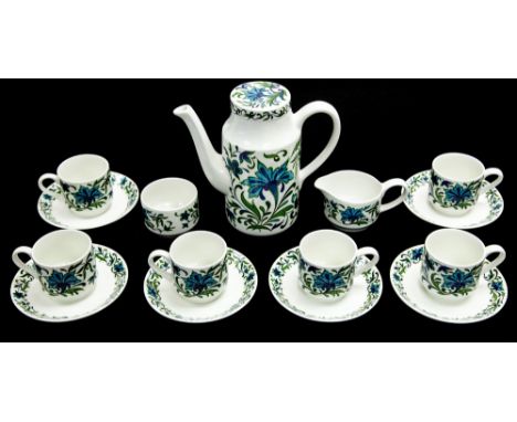 A Midwinter Spanish Garden coffee set, 1960s, comprising coffee pot, milk, sugar, cups and saucers, with printed foliate deco