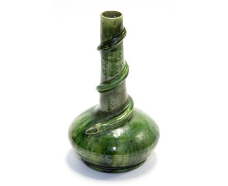 Eleanor Whittall, a studio pottery vase, circa 1950, globe and shaft form, the neck intertwined with a serpent, glazed in gre