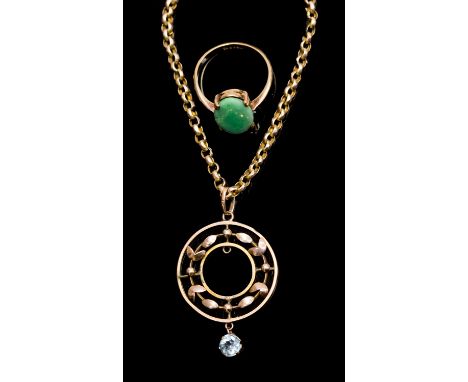 An Art Nouveau 9ct gold pendant set with aquamarine drop, wreath form, on chain; together with a jade set 9ct gold ring (2)