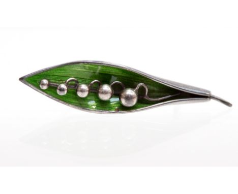 An early 20th century silver and green enamel brooch in the form of stylised lily of the valley, Arthur Johnson Smith, Birmin