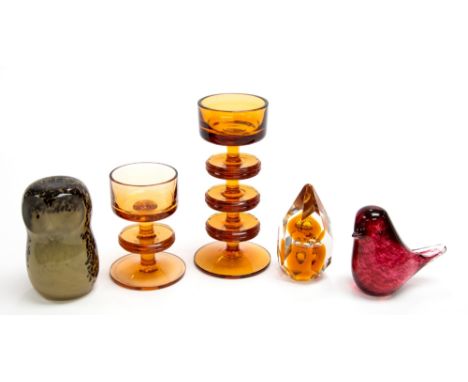 Ronald Stennett Willson for Wedgwood, a three ring and one ring Sheringham glass candlestick in orange, together with a facet