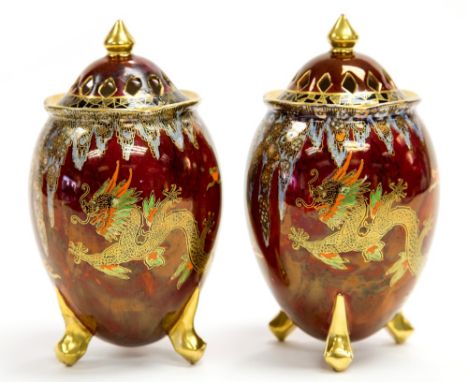 A pair of Art Deco, Crown Devon Fieldings rouge Royale lustre pot potpourri  vases, Chinese Dragon pattern, ovoid form with r