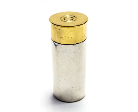 Chris Middleton, a novelty flask, in the form of a gun cap, brass and steel, with two integrated cups, made by Troika, 13.5cm