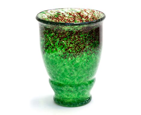 An Art Deco glass vase, probably Monart, double ogee form, mottled green with ruby inclusions to the upper section, 21cm high