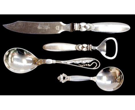 Georg Jensen, a collection of silver flatware and bar tools including  Cactus pattern knife and bottle opener, Acorn caddy sp