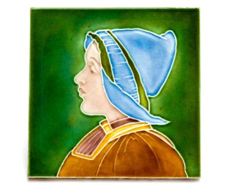 An Arts and Crafts tube lined tile of a Dutch girl, Corn Brothers, circa 1900, 15cm square