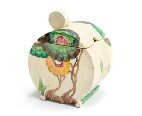Clarice Cliff, a Bon Jour, Aurea pattern preserve pot, circa 1934, circular form hand painted with stylised trees, Bizarre, W