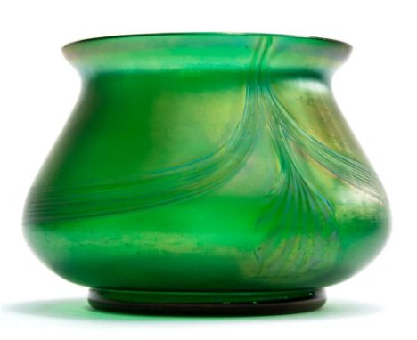 An Austrian Art Nouveau green glass lustre bowl, probably Loetz, ovoid form with opaline swag and fan comb decoration, 12cm h