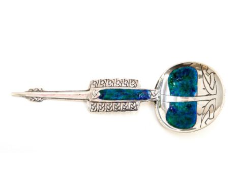 Archibald Knox for Liberty and Co., an Arts and Crafts silver and enamelled spoon, pattern number 355, blue, purple and green