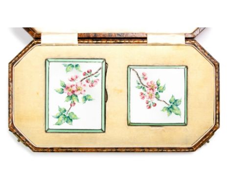 A 1950s enamelled silver compact and cigarette case, decorated with apple blossom design on an engine turned opalescent satin