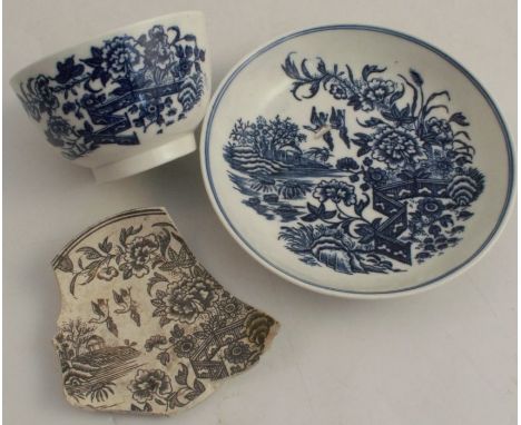 A Caughley tea bowl and saucer, decorated with the fence pattern, together with a Caughley waster of the same pattern, Harris