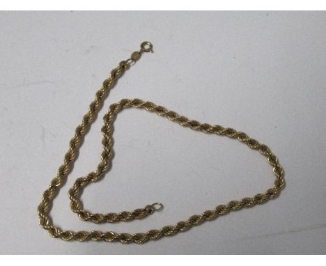 A 9 carat gold hollow rope chain, 41.5cm long, 7.4g gross