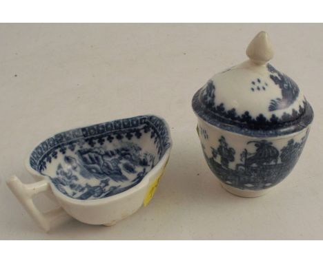 A Caughley pickle dish, decorated in the Chinese style, with a figure in a landscape, with a Zorensky collection label to the
