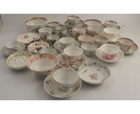 A collection of 19th century cups, tea bowls, saucers and bowls etc, all English porcelain