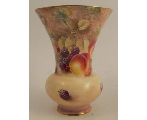 A Royal Worcester inverted trumpet shaped vase, decorated all round with hand painted fruit by Scyner, height 6ins - Good con