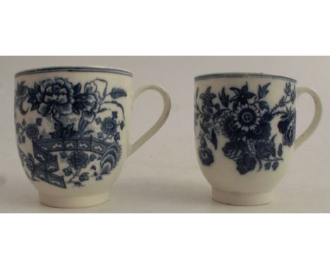 Two Caughley coffee cans, decorated with flowers and a zigzag fence and a version of the three flowers pattern, the one with 
