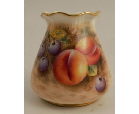 A Royal Worcester vase, decorated with half round hand painted fruit by Roberts, shape number G957, height 3.25ins - Good con