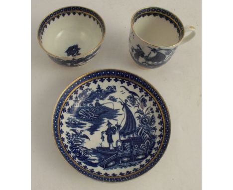 An associated trio set, comprising a Worcester tea bowl and saucer, decorated with the fisherman pattern, together with a Cau