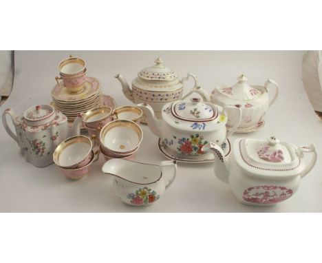 Five 19th century English porcelain tea pots, together with cups, saucers etc -&nbsp;One of the teapots- the lustre one, is i