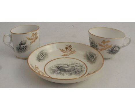 An early 19th century Minton trio, comprising a coffee can, tea cup and saucer, decorated with sepia shells, Harrison collect