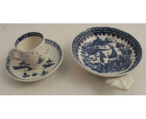 A Caughley miniature blue and white cup and saucer, decorated with pagodas near water and an island, height approx 1.75ins, t