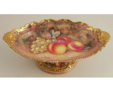 A Royal Worcester oval tazza, with a gadroon border decorated with hand painted fruit by Ayrton, diameter 12ins - Good condit