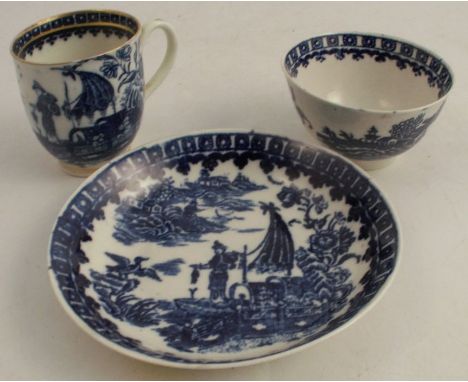 A Worcester tea bowl, decorated with the fisherman and cormorant pattern, together with a saucer, possibly Caughley, and a Ca