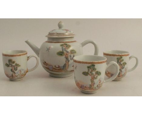 An 18th century Chinese European subject export porcelain part tea service, to include tea pot with associated cover, believe