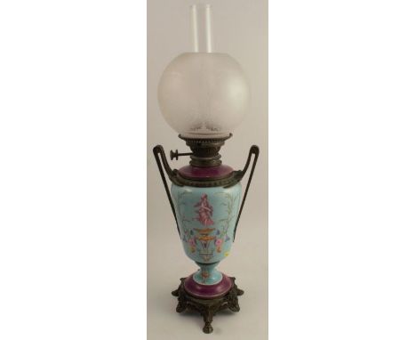 A 19th century Hinks Lever No.2 oil lamp, having porcelain body painted with classical lady on a blue turquoise ground, stand