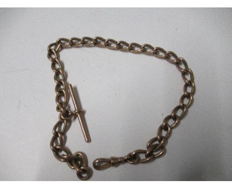 A 9 carat gold watch chain, with swivel and T bar, 33cm long, 45.4g gross