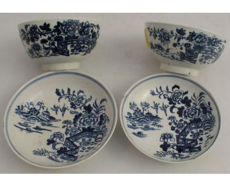 An 18th century Worcester blue and white tea bowl, from the Rous Lench collection, together with two other saucers and a Caug