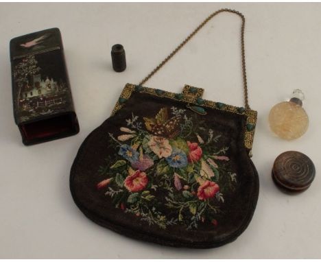 A papier-mâché and inlaid mother of pearl tobacco pipe and vesta holder, af, together with a lady's bag, a miniature scent bo