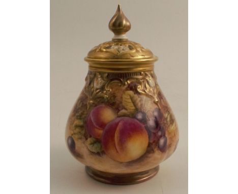 A Royal Worcester covered quarter lobed vase, decorated with half round hand painted fruit by Creed, shape number H291A, heig