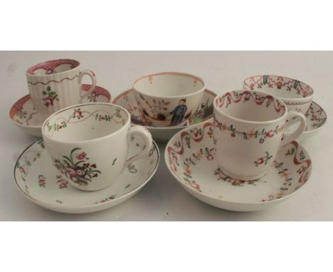 A Newhall tea bowl and saucer, decorated with figures, together with two Newhall coffee cans and saucers, a Newhall tea bowl 